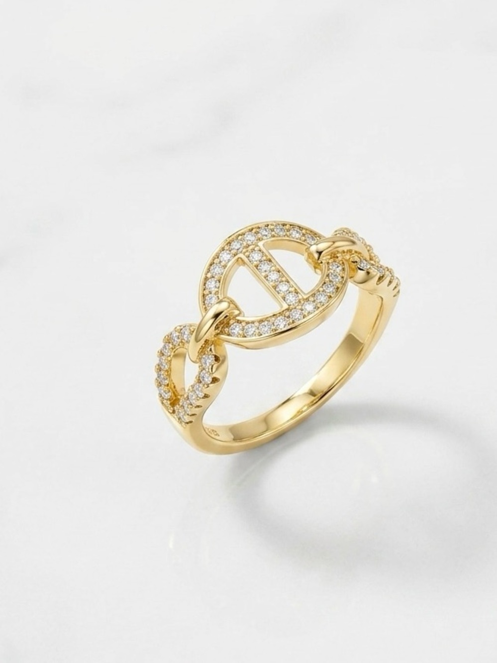 14K is Gold Plated CZ Mariner Link Ring | Gold Anchor Chain Band Ring